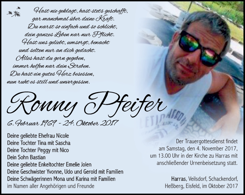  Traueranzeige für Ronny Pfeifer vom 28.10.2017 aus Südthüringer Presse