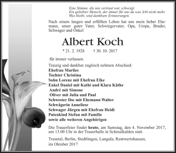 Traueranzeige von Albert Koch von Südthüringer Presse