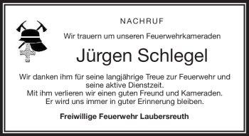 Traueranzeige von Jürgen Schlegel von Frankenpost