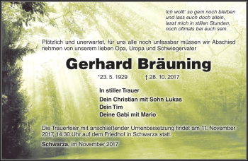 Traueranzeige von Gerhard Bräuning von Südthüringer Presse