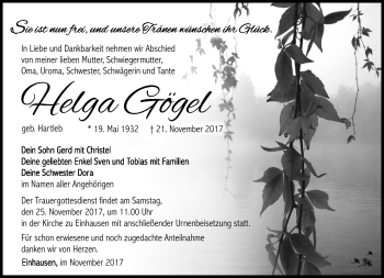 Traueranzeige von Helga Gögel von Südthüringer Presse