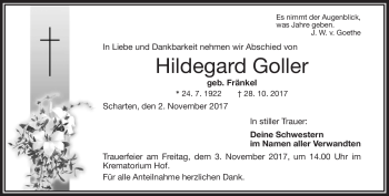 Traueranzeige von Hildegard Goller von Frankenpost