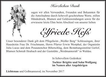Traueranzeige von Elfriede Heß von Südthüringer Presse