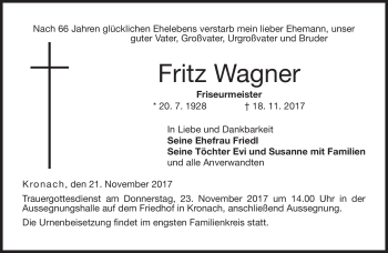 Traueranzeige von Fritz Wagner von Neue Presse Coburg