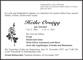 Traueranzeige von Heike Ornigg von Südthüringer Presse