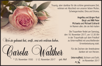 Traueranzeige von Carola Walther von Südthüringer Presse