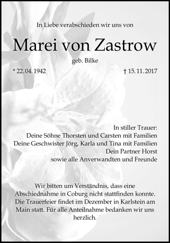 Traueranzeige von Marei von Zastrow von Neue Presse Coburg