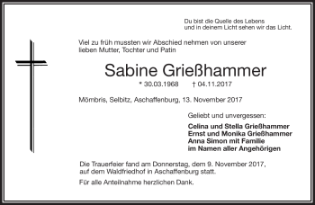 Traueranzeige von Sabine Grießhammer von Frankenpost