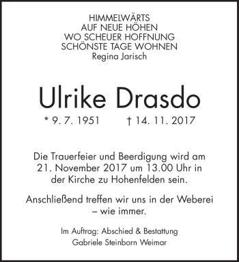 Traueranzeige von Ulrike Drasdo von Südthüringer Presse