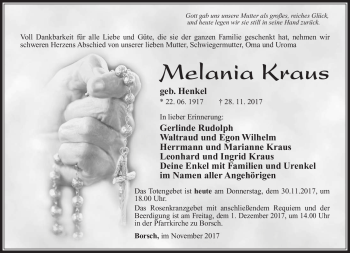 Traueranzeige von Melania Kraus von Südthüringer Presse