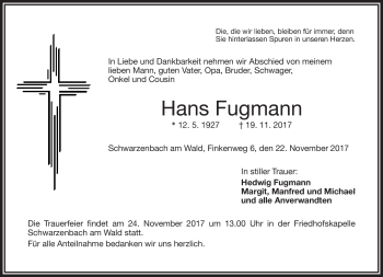 Traueranzeige von Hans Fugmann von Frankenpost