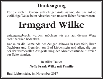 Traueranzeige von Irmgard Wilke von Südthüringer Presse