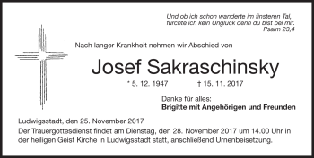 Traueranzeige von Josef Sakraschinsky von Neue Presse Coburg