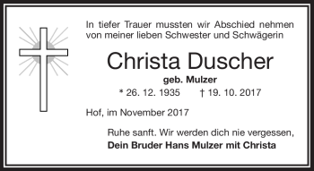 Traueranzeige von Christa Duscher von Frankenpost
