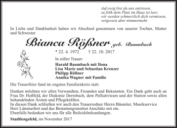 Traueranzeige von Bianca Rößner von Südthüringer Presse