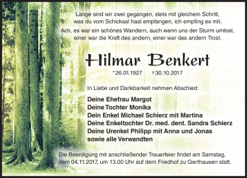 Traueranzeige von Hilmar Benkert von Südthüringer Presse