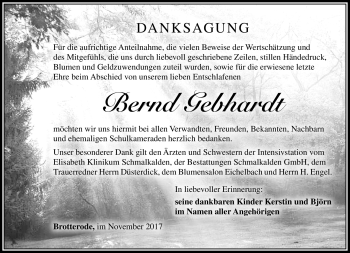 Traueranzeige von Bernd Gebhardt von Südthüringer Presse