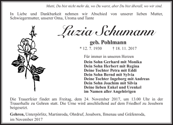 Traueranzeige von Luzia Schumann von Südthüringer Presse