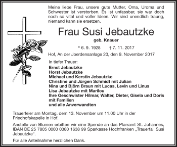 Traueranzeige von Susi Jebautzke von Frankenpost