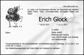 Traueranzeige von Erich Glock von Neue Presse Coburg
