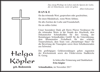 Traueranzeige von Helga Köpler von Südthüringer Presse