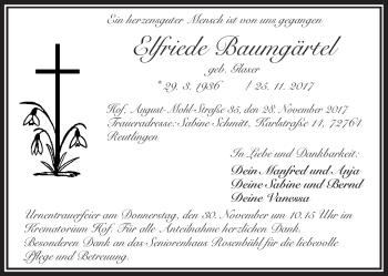 Traueranzeige von Elfriede Baumgärtel von Frankenpost