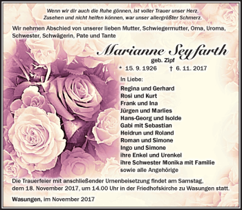 Traueranzeige von Marianne Seyfarth von Südthüringer Presse