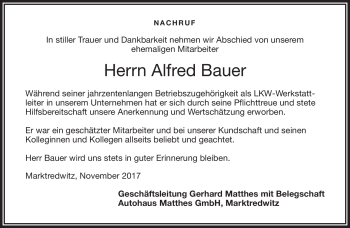 Traueranzeige von Alfred Bauer von Frankenpost
