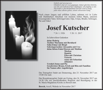 Traueranzeige von Josef Kutscher von Südthüringer Presse
