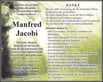 Traueranzeige von Manfred Jacobi von Südthüringer Presse