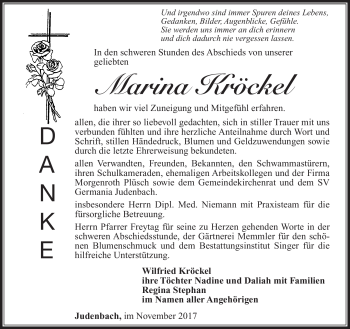 Traueranzeige von Marina Kröckel von Südthüringer Presse