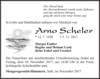 Traueranzeige von Arno Scheler von Südthüringer Presse