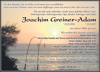 Traueranzeige von Joachim Greiner-Adam von Südthüringer Presse