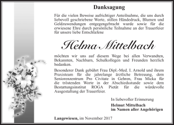 Traueranzeige von Helma Mittelbach von Südthüringer Presse