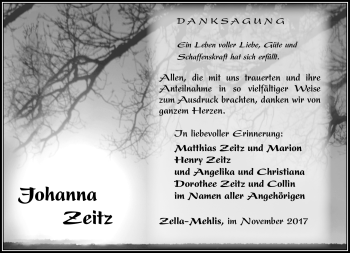 Traueranzeige von Johanna Zeitz von Südthüringer Presse