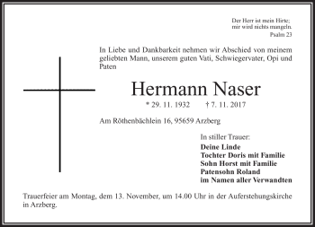 Traueranzeige von Hermann Naser von Frankenpost