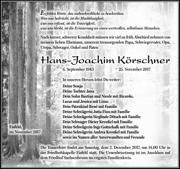 Traueranzeige von Hans-Joachim Körschner von Südthüringer Presse