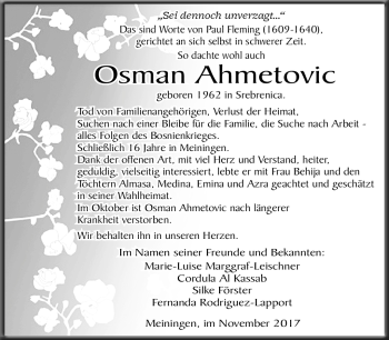 Traueranzeige von Osman Ahmetovic von Südthüringer Presse