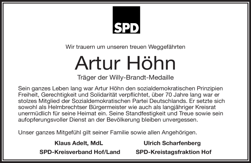  Traueranzeige für Artur Höhn vom 09.11.2017 aus Frankenpost