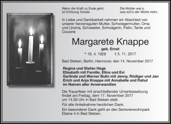 Traueranzeige von Margarete Knappe von Frankenpost