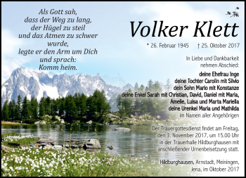 Traueranzeige von Volker Klett von Südthüringer Presse
