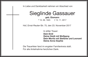 Traueranzeige von Sieglinde Gassauer von Frankenpost