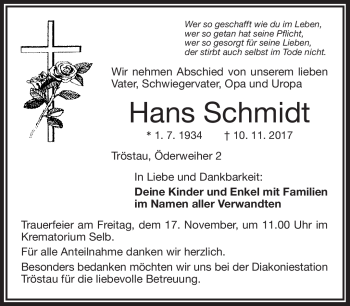 Traueranzeige von Hans Schmidt von Frankenpost