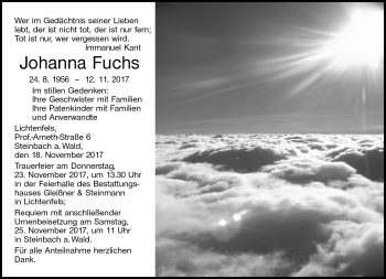 Traueranzeige von Johanna Fuchs von Neue Presse Coburg