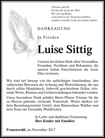 Traueranzeige von Luise Sittig von Südthüringer Presse