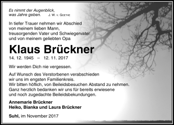 Traueranzeige von Klaus Brückner von Südthüringer Presse