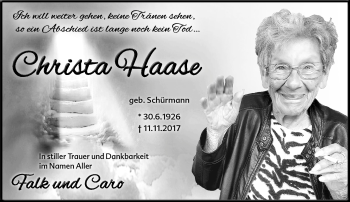 Traueranzeige von Christa Haase von Südthüringer Presse