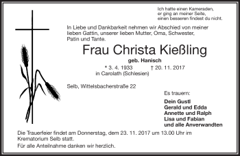 Traueranzeige von Christa Kießling von Frankenpost