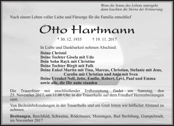 Traueranzeige von Otoo Hartmann von Südthüringer Presse