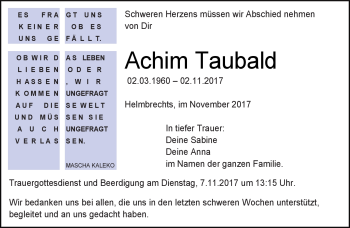 Traueranzeige von Achim Taubald von Frankenpost